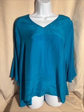La Roque Original 100% Silk Women's Teal V-Neck Flutter Sleeve Top